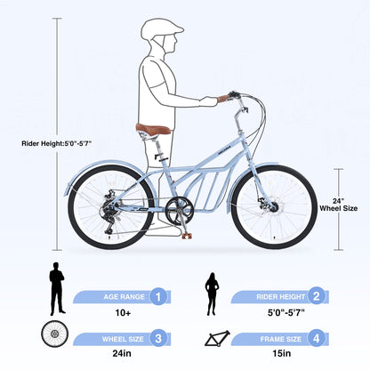 6 Speed Steel Frame 24 Inch Commuter Bike for Adults