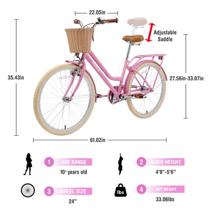 24 Inch Girls Bike, Steel Frame, Multiple Colors