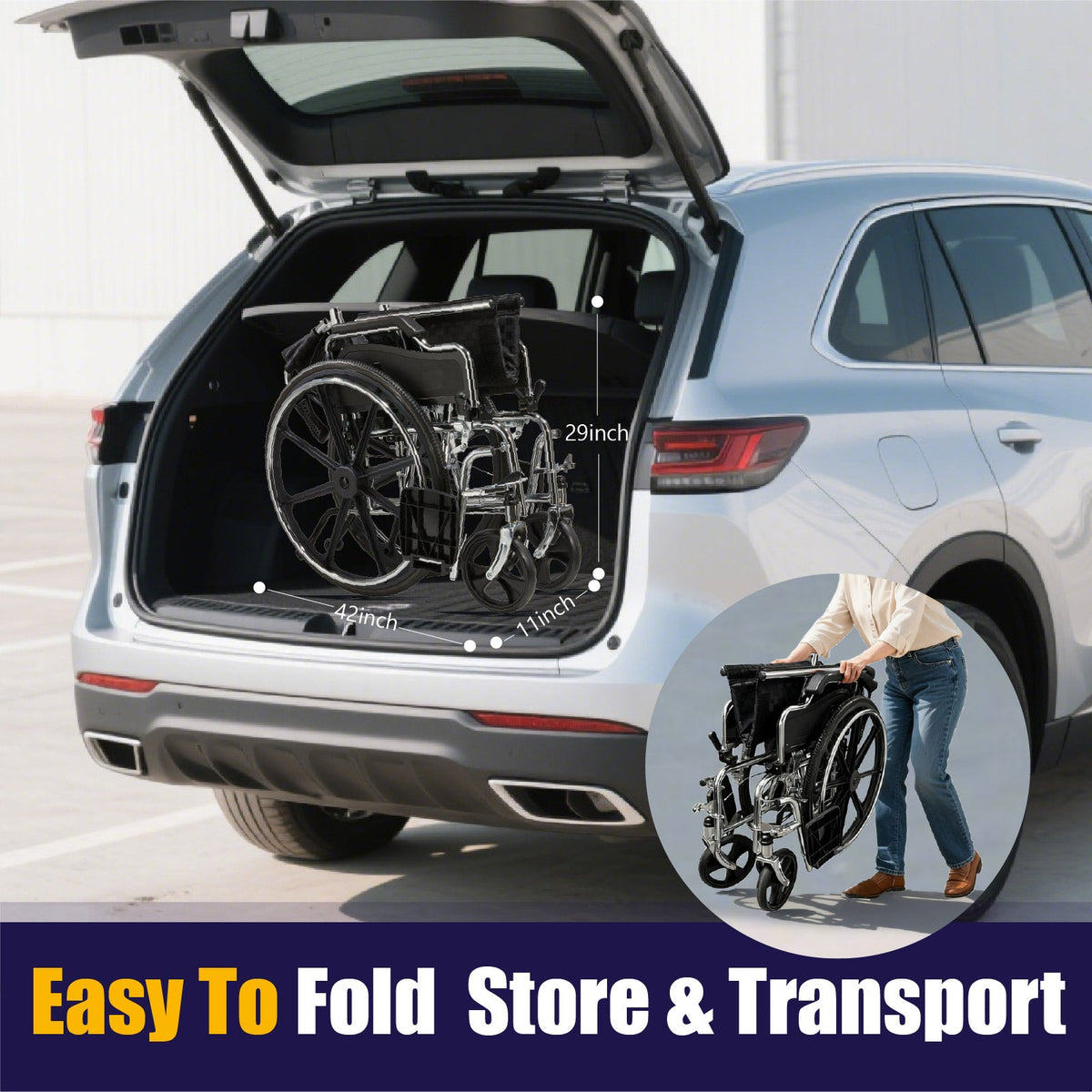 Folding Manual Transport Wheelchair, 18" Seat