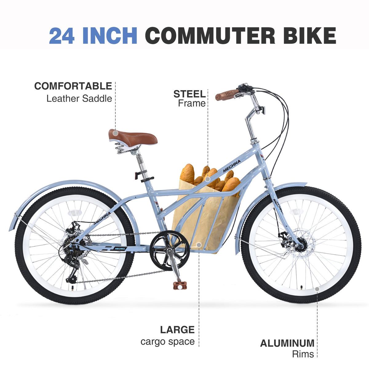 6 Speed Steel Frame 24 Inch Commuter Bike for Adults